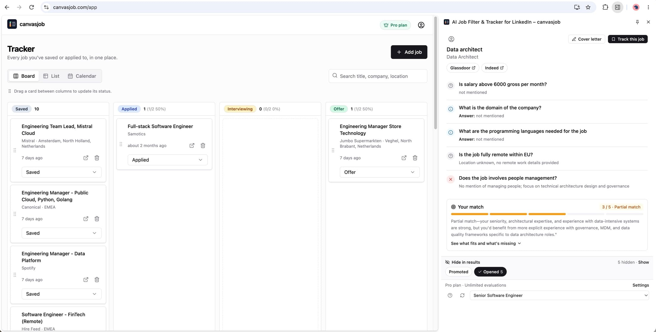 Canvasjob application tracker and AI job evaluation interface
